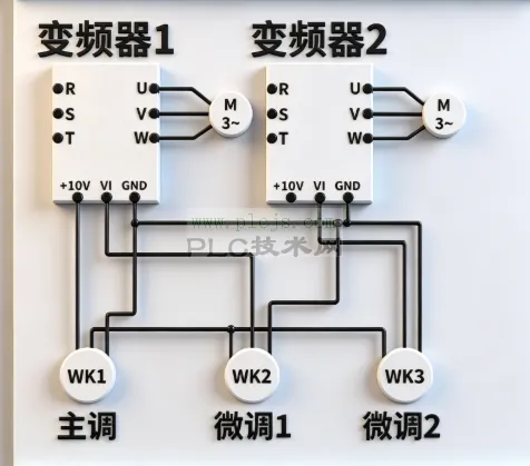 两台变频器同步调速，为什么要用3个电位器？