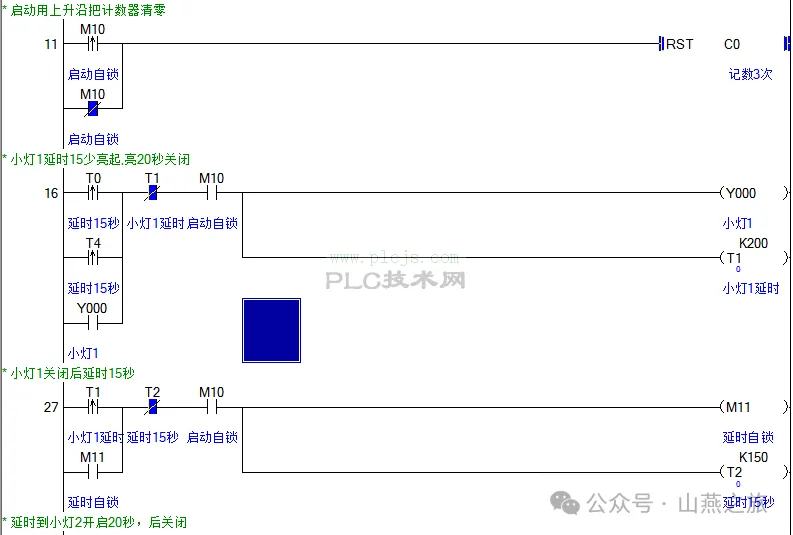 小灯延时15秒亮20秒停止15秒亮20秒循环3次